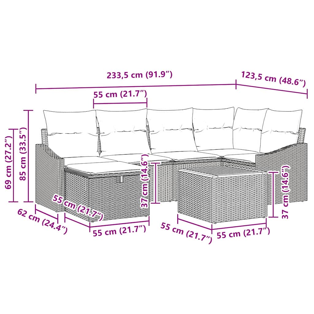 Gartensofa-set mit Kissen 7 pcs Schwarz Poly-Rattan