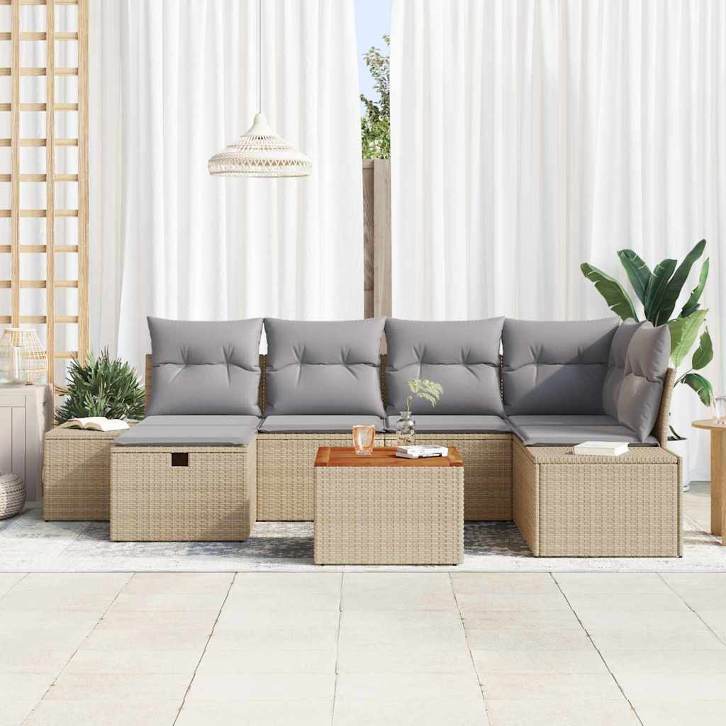 Gartensofa-set mit Kissen mit Speicher 7 pcs Beige Poly-Rattan