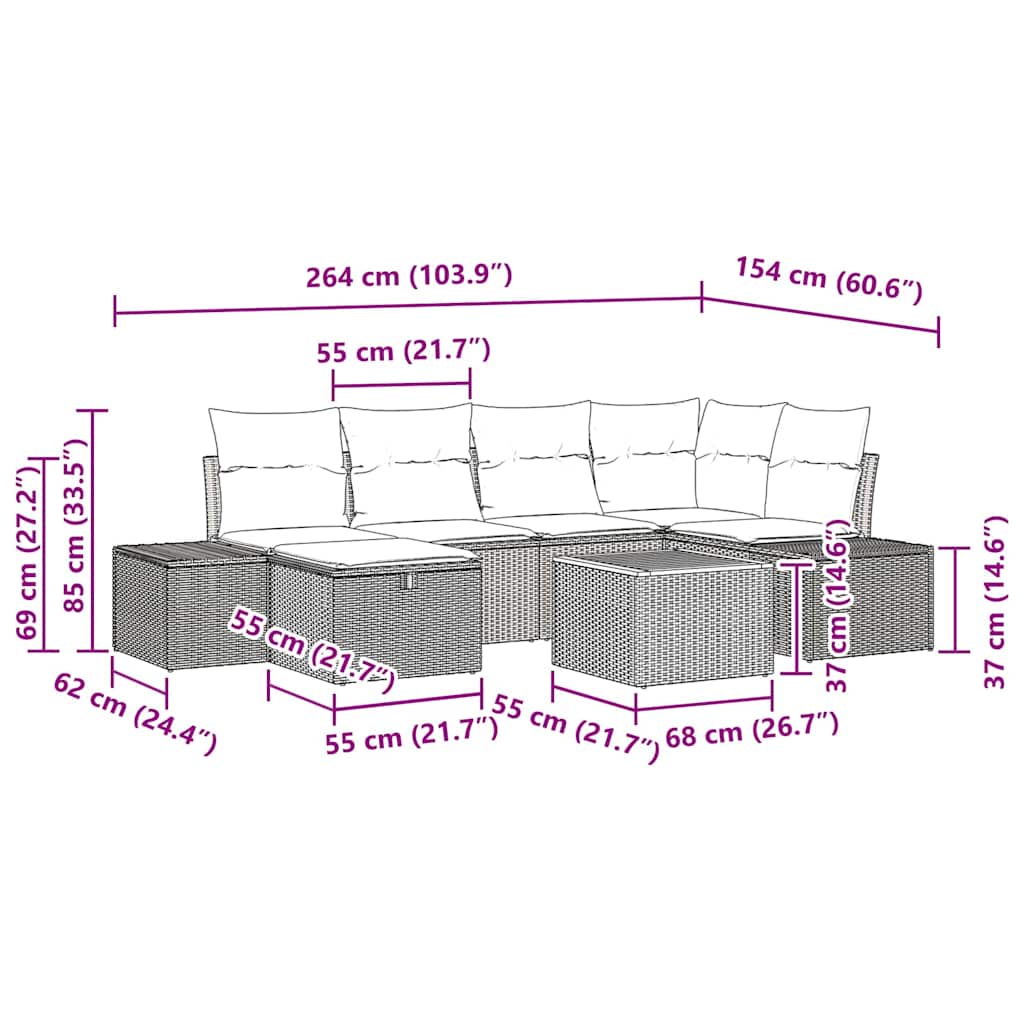 Gartensofa-set mit Kissen mit Speicher 7 pcs Beige Poly-Rattan
