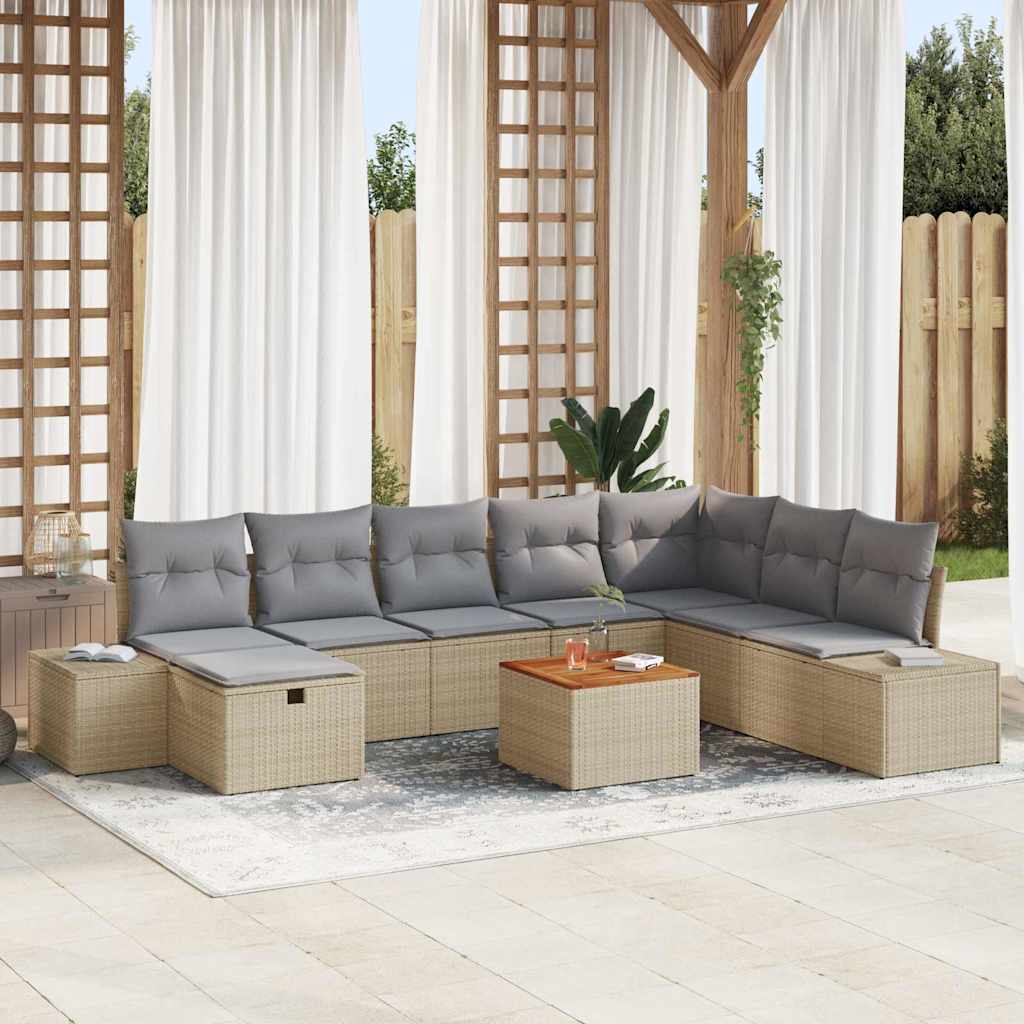 Gartensofa-set mit Kissen mit Speicher 9 pcs Beige Poly-Rattan