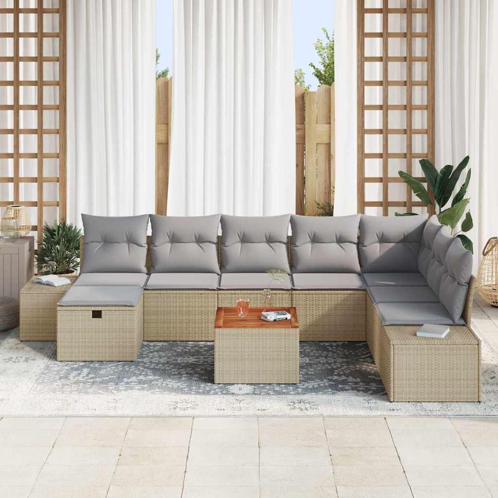 Gartensofa-set mit Kissen mit Speicher 9 pcs Beige Poly-Rattan