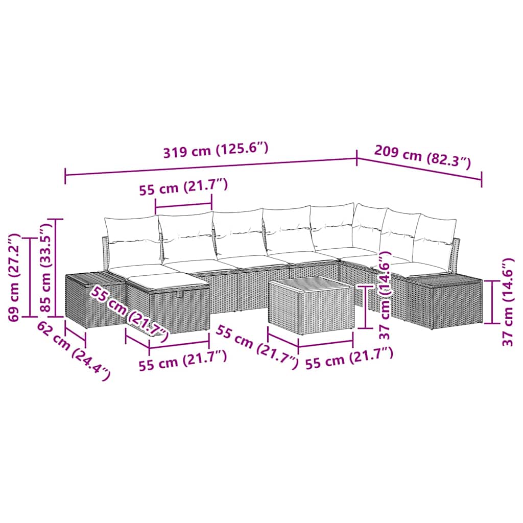 Gartensofa-set mit Kissen mit Speicher 9 pcs Beige Poly-Rattan