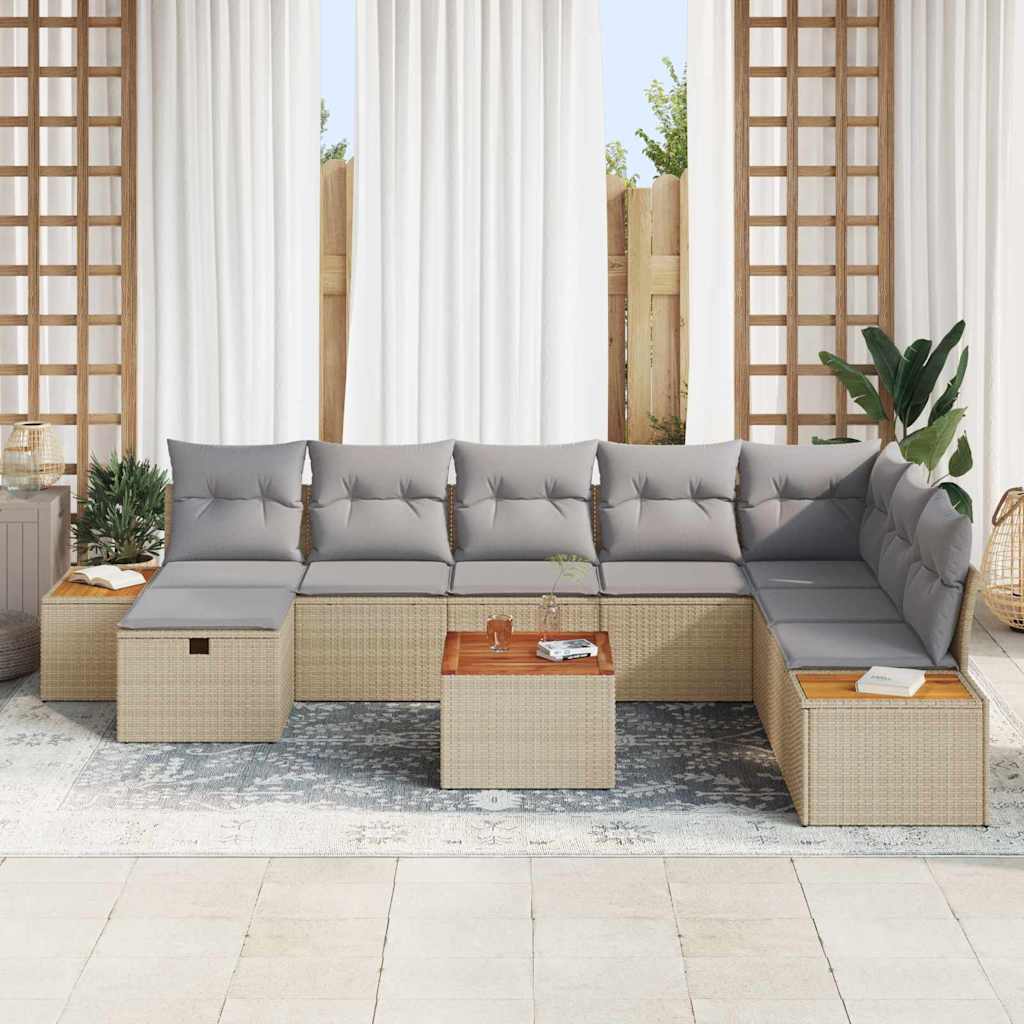 Gartensofa-set mit Kissen 9 pcs Beige Poly-Rattan
