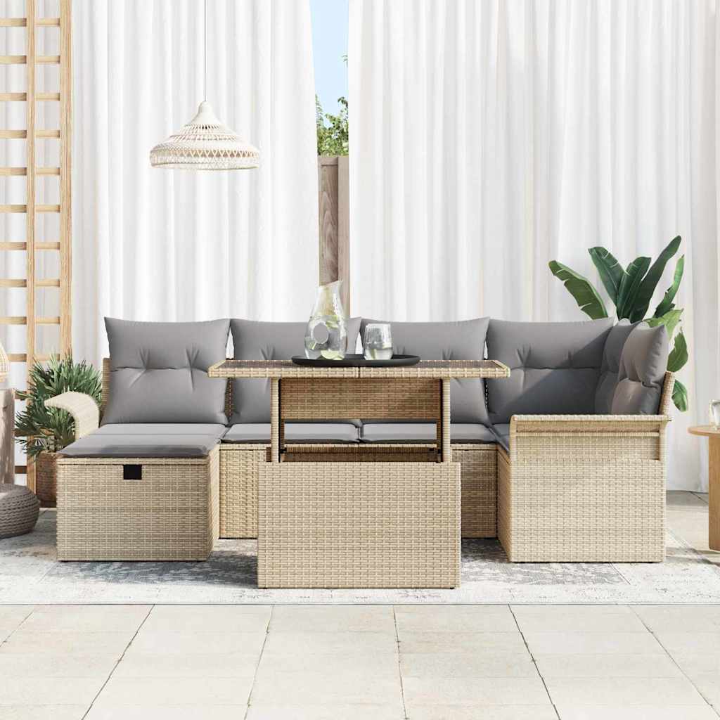 Gartensofa-set mit Kissen mit Speicher 7 pcs Beige Poly-Rattan