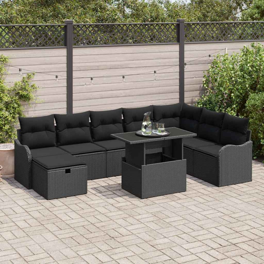 Garten-Sofa-Set mit Kissen 9 pcs Schwarz Poly Rattan