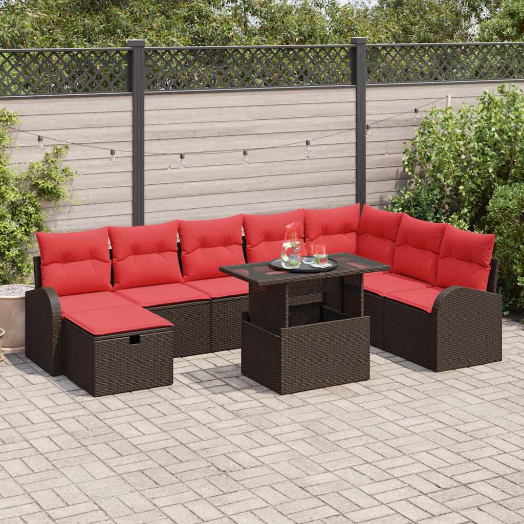 Garten-Sofa-Set mit Kissen mit Speicher 9 pcs Braun Poly Rattan