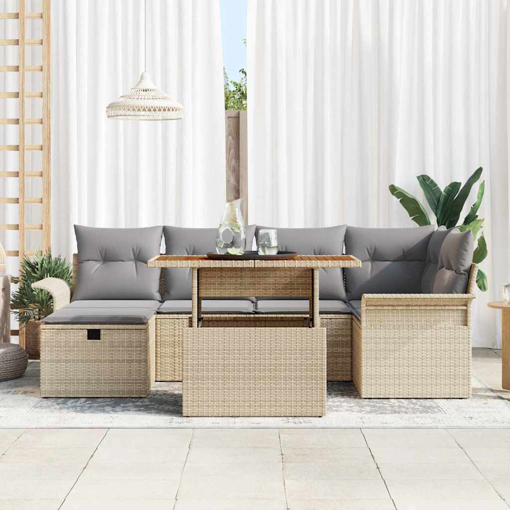 Gartensofa-set mit Kissen mit Speicher 7 pcs Beige Poly-Rattan