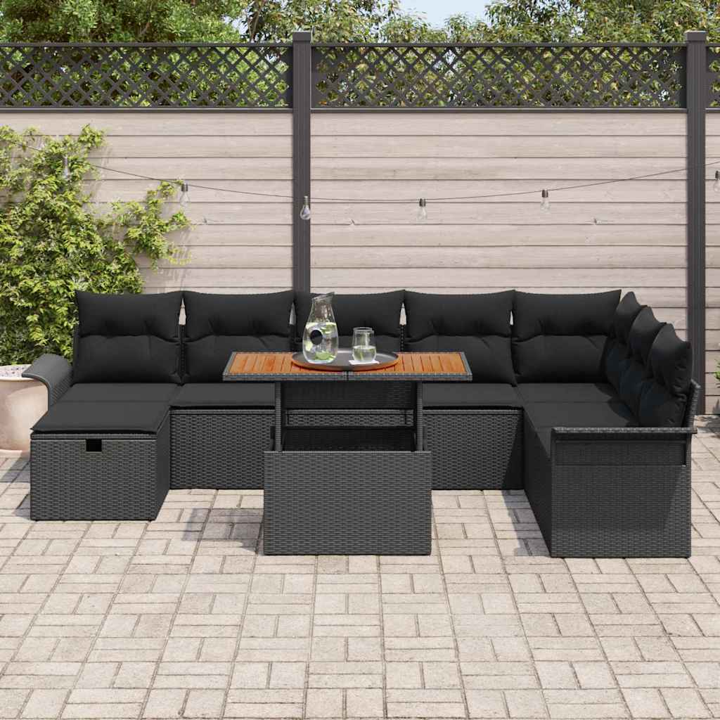 Gartensofa-set mit Kissen 9 pcs Schwarz Poly-Rattan