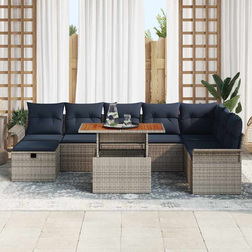 Gartensofa-set mit Kissen mit Speicher 9 pcs Grau Poly-Rattan