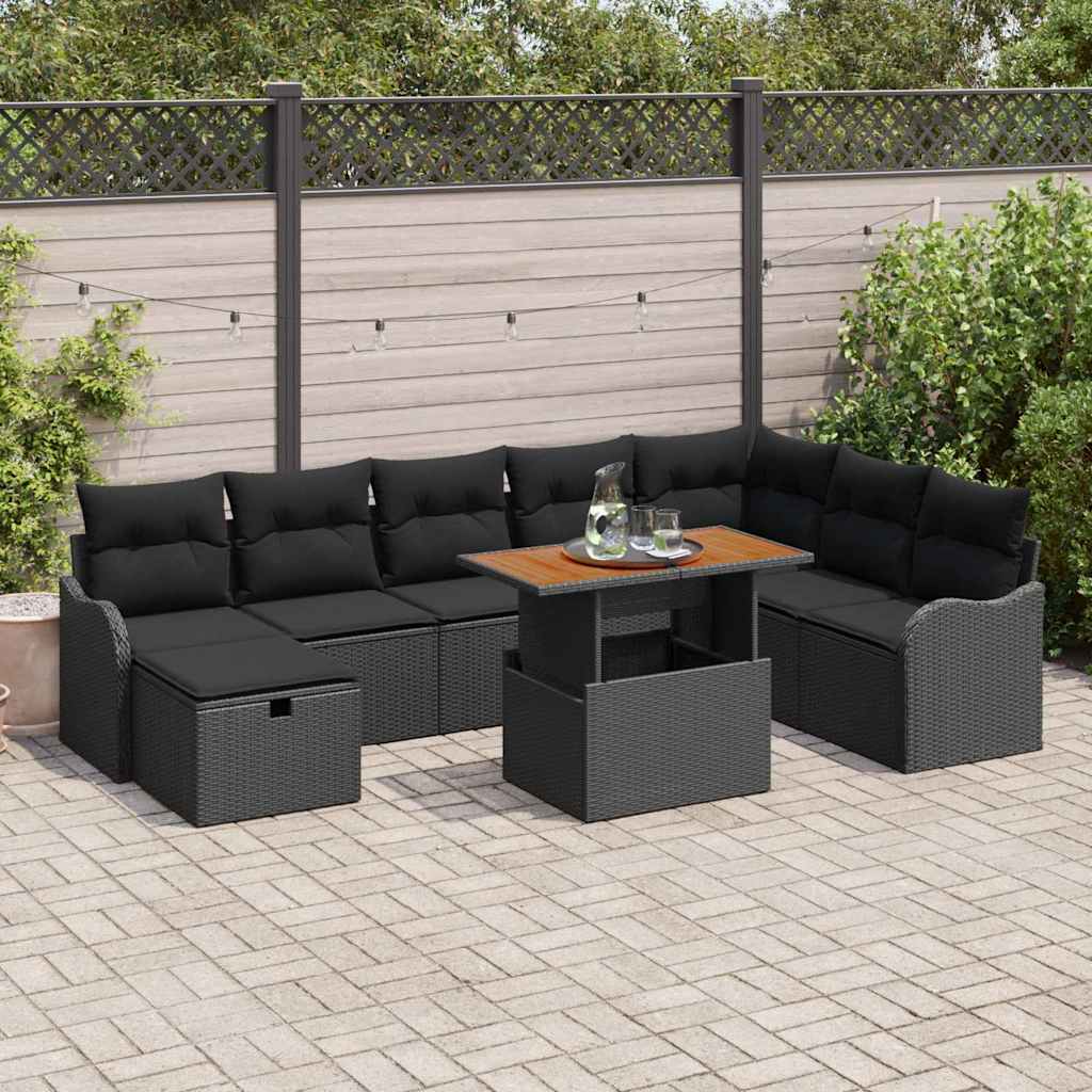 Gartensofa-set mit Kissen 9 pcs Schwarz Poly-Rattan