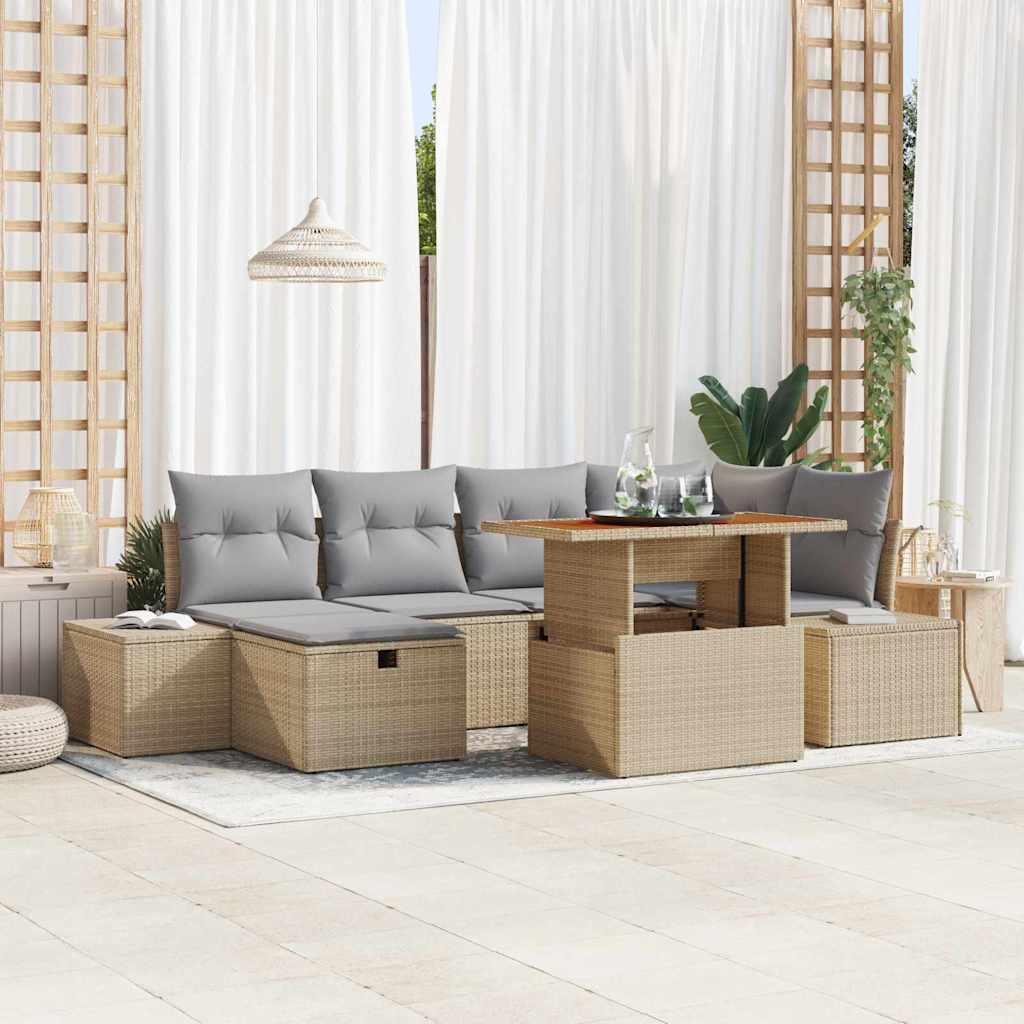 Gartensofa-set mit Kissen mit Speicher 7 pcs Beige Poly-Rattan