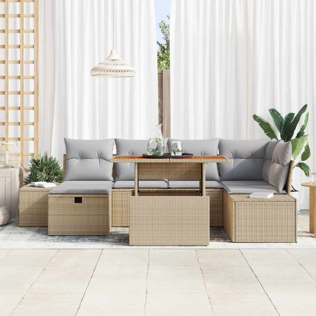 Gartensofa-set mit Kissen mit Speicher 7 pcs Beige Poly-Rattan