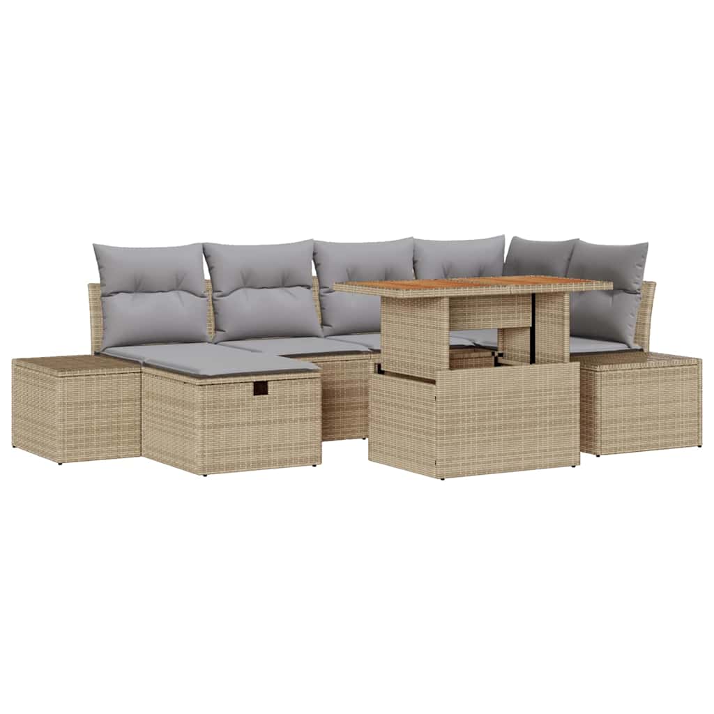 Gartensofa-set mit Kissen mit Speicher 7 pcs Beige Poly-Rattan