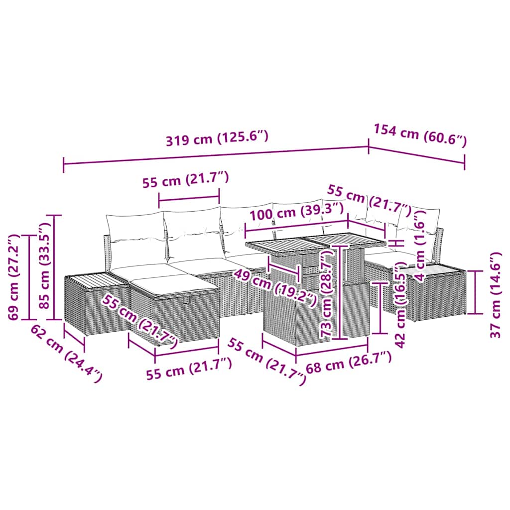 Gartensofa-set mit Kissen mit Speicher 8 pcs Beige Poly-Rattan