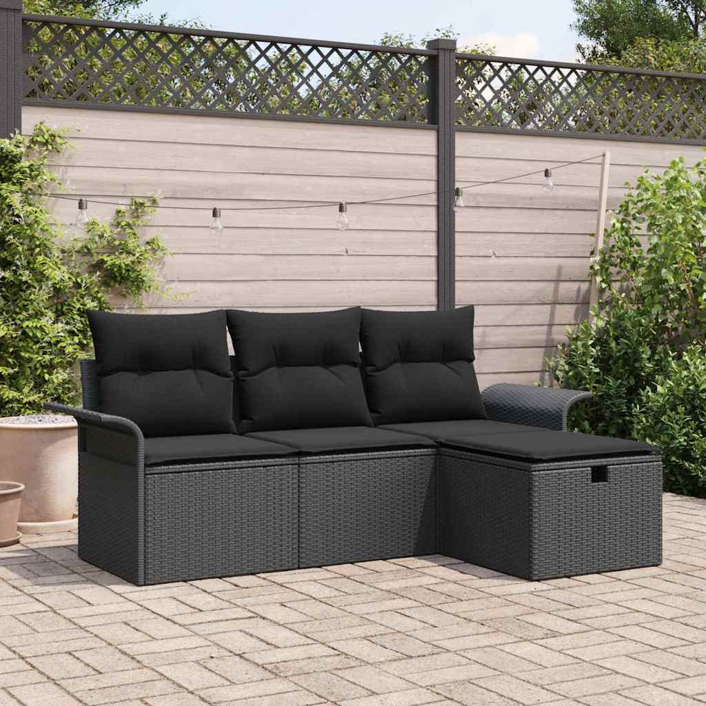 Garten-Sofa-Set mit Kissen 4 pcs Schwarz Poly Rattan