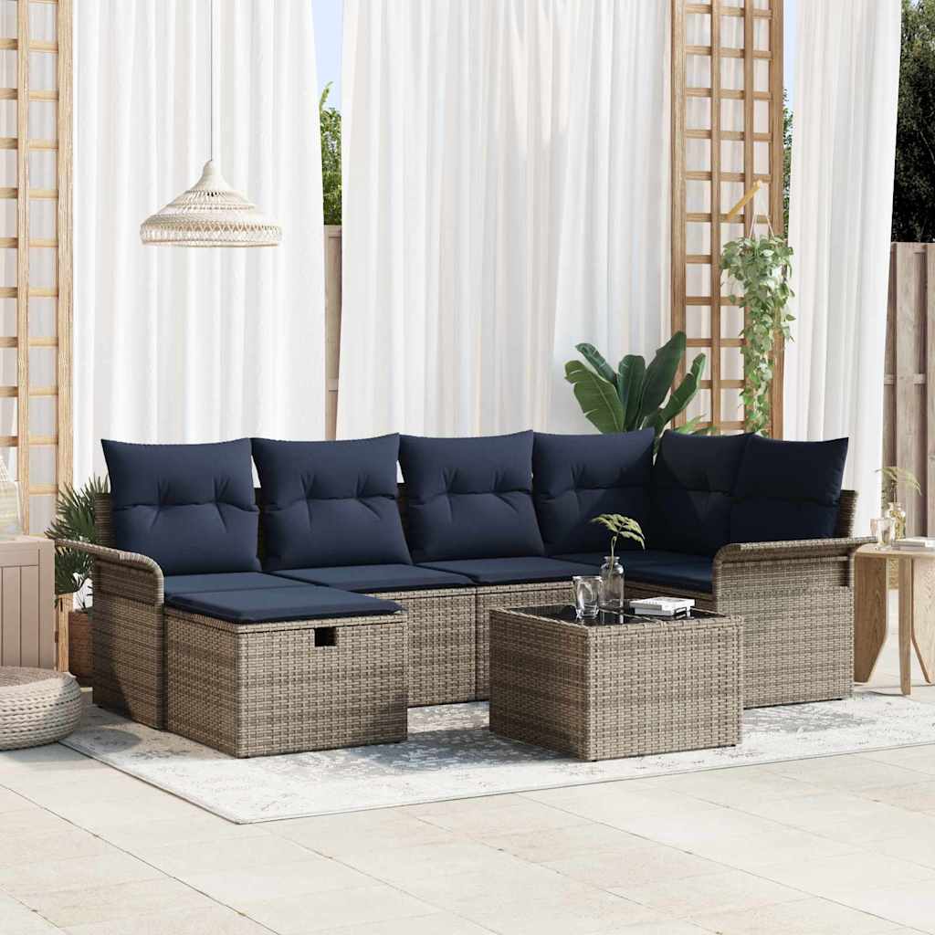 Garten-Sofa-Set mit Kissen mit Speicher 7 pcs Grau Poly Rattan