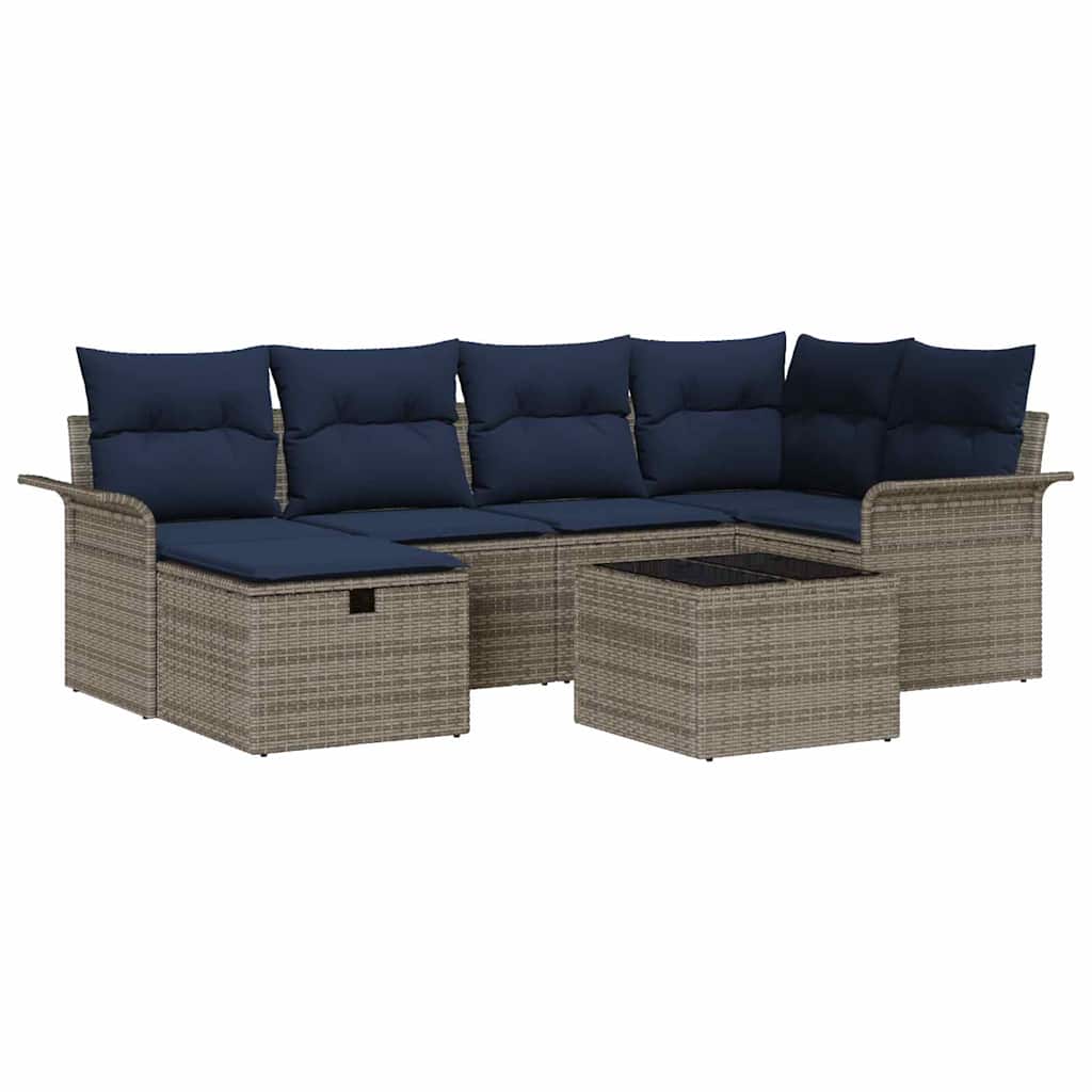 Garten-Sofa-Set mit Kissen mit Speicher 7 pcs Grau Poly Rattan