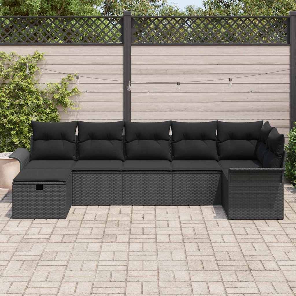 Garten-Sofa-Set mit Kissen 7 pcs Schwarz Poly Rattan