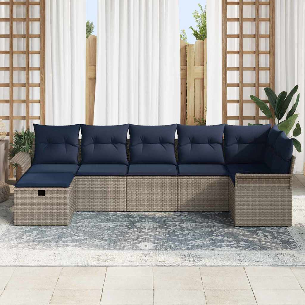 Garten-Sofa-Set mit Kissen mit Speicher 7 pcs Grau Poly Rattan