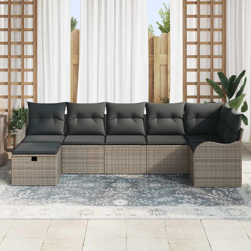 Garten-Sofa-Set mit Kissen mit Speicher 7 pcs Grau Poly Rattan
