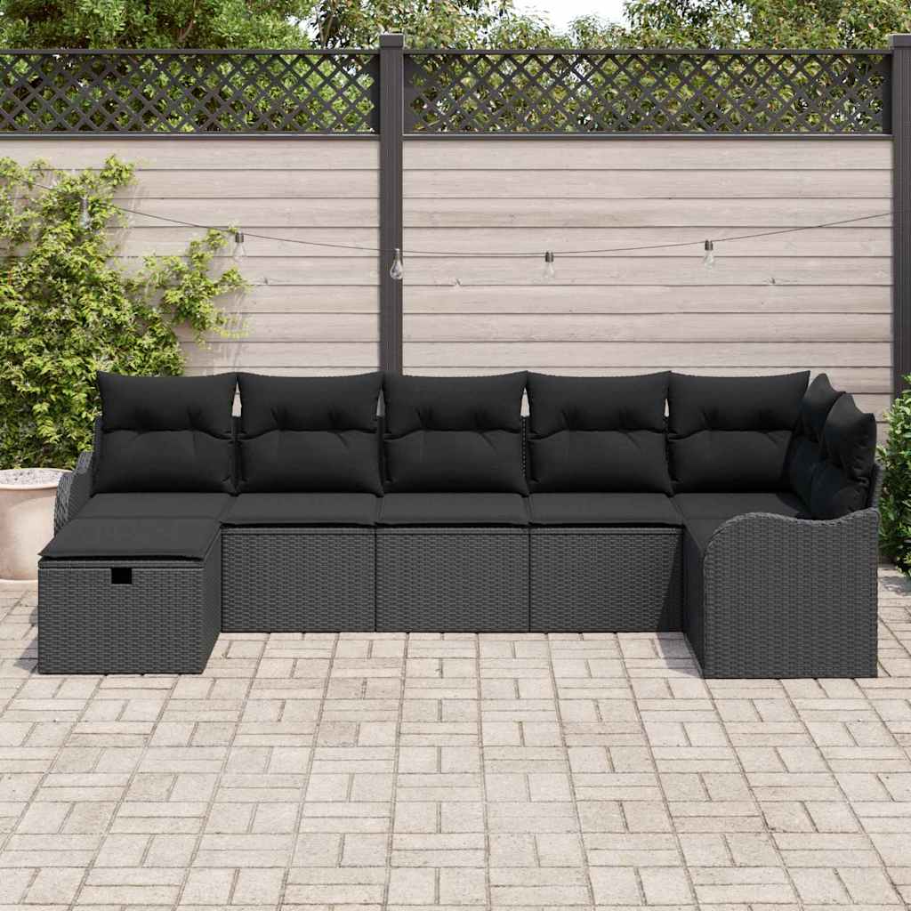 Garten-Sofa-Set mit Kissen 7 pcs Schwarz Poly Rattan