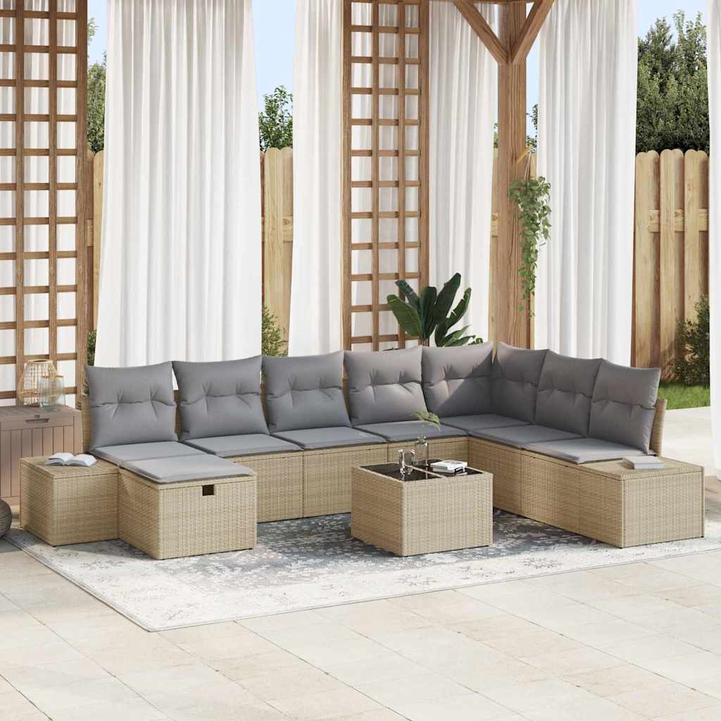 Garten-Sofa-Set mit Kissen 9 pcs Beige Poly Rattan