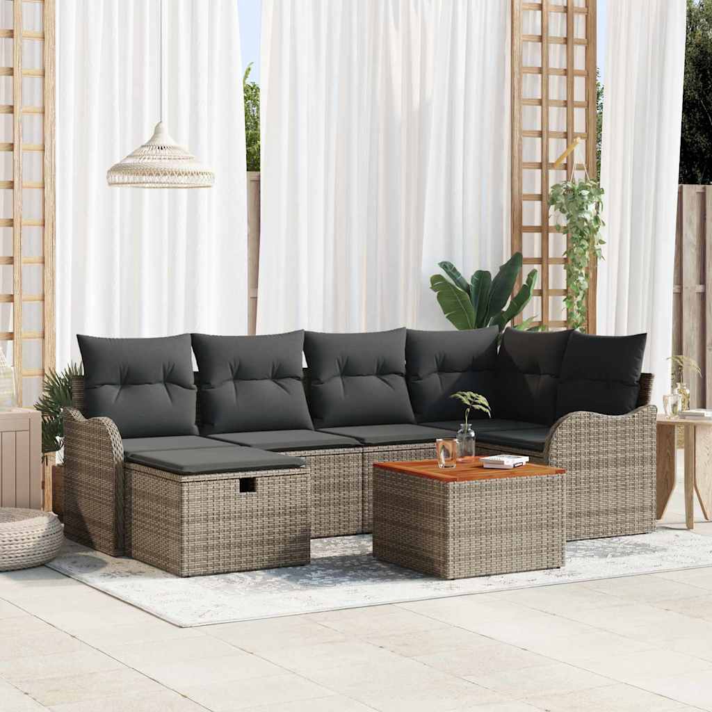 Gartensofa-set mit Kissen mit Speicher 7 pcs Grau Poly Rattan