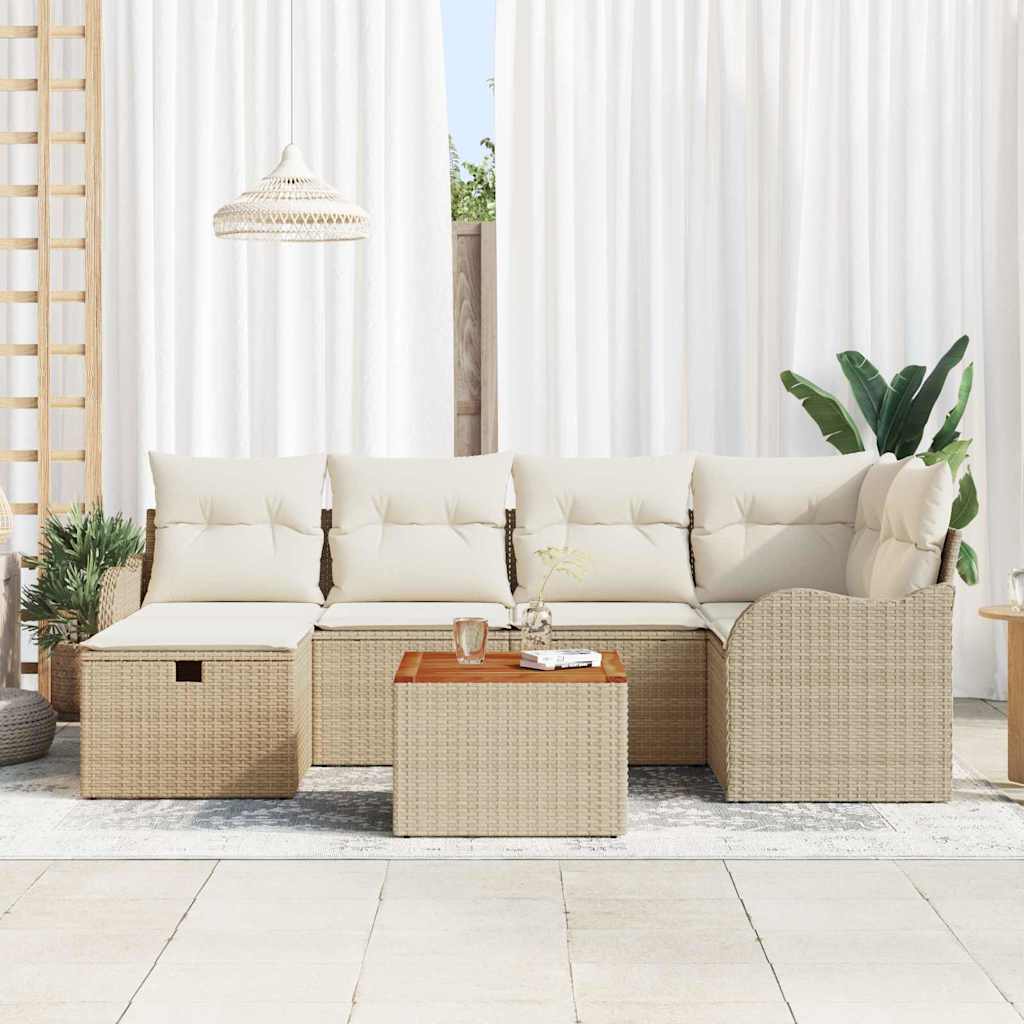 Gartensofa-set mit Kissen mit Speicher 7 pcs Beige Poly Rattan