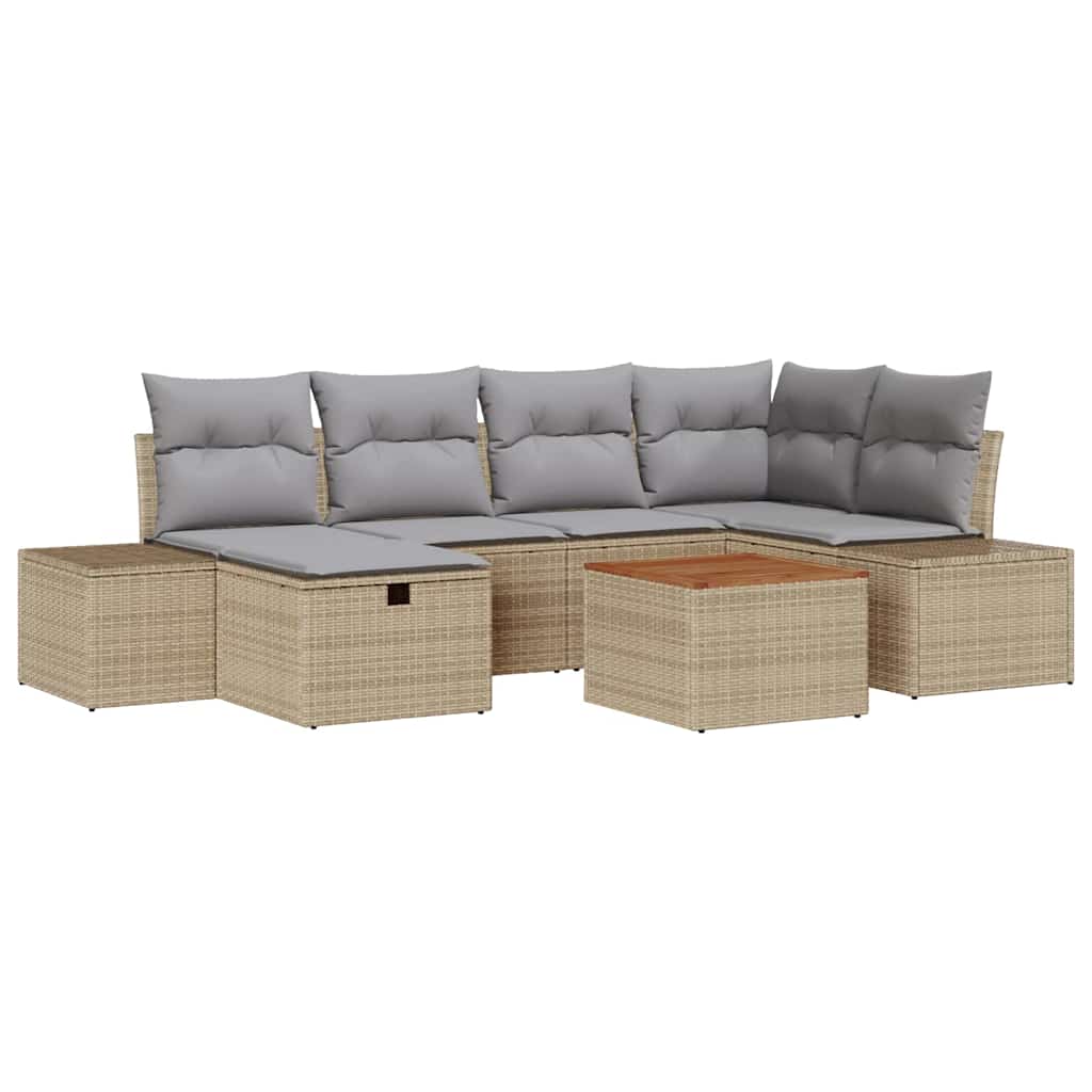 Gartensofa-set mit Kissen mit Speicher 7 pcs Beige Poly Rattan