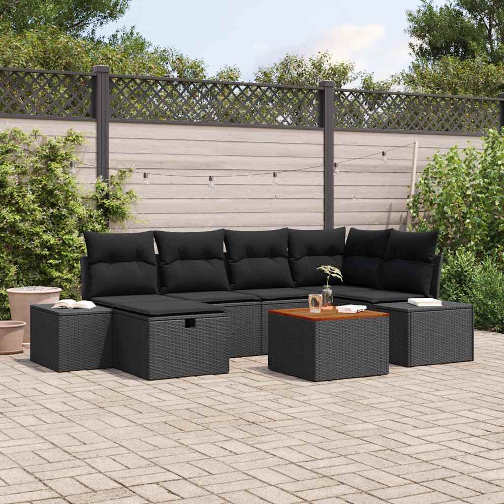Gartensofa-set mit Kissen 7 pcs Schwarz Poly Rattan