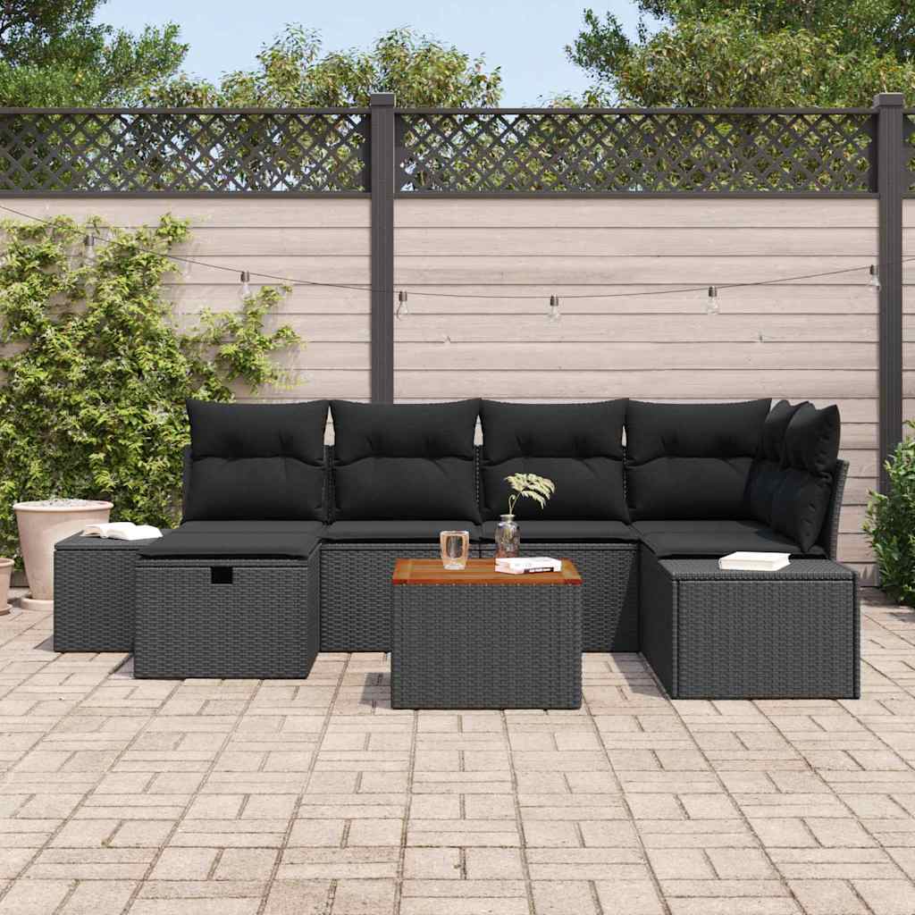Gartensofa-set mit Kissen 7 pcs Schwarz Poly Rattan