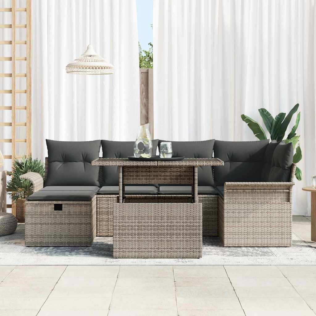 Garten-Sofa-Set mit Kissen mit Speicher 7 pcs Grau Poly Rattan