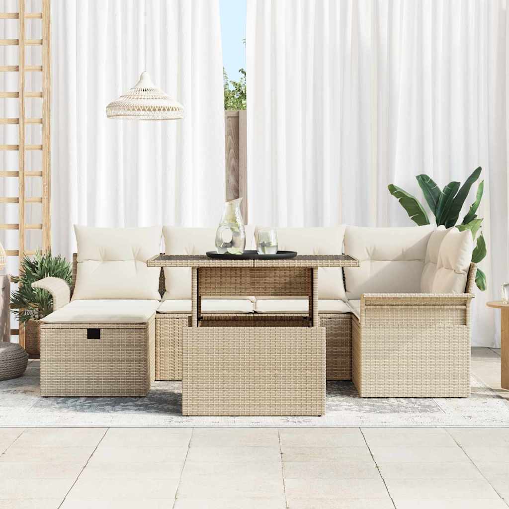 Garten-Sofa-Set mit Kissen mit Speicher 7 pcs Beige Poly Rattan