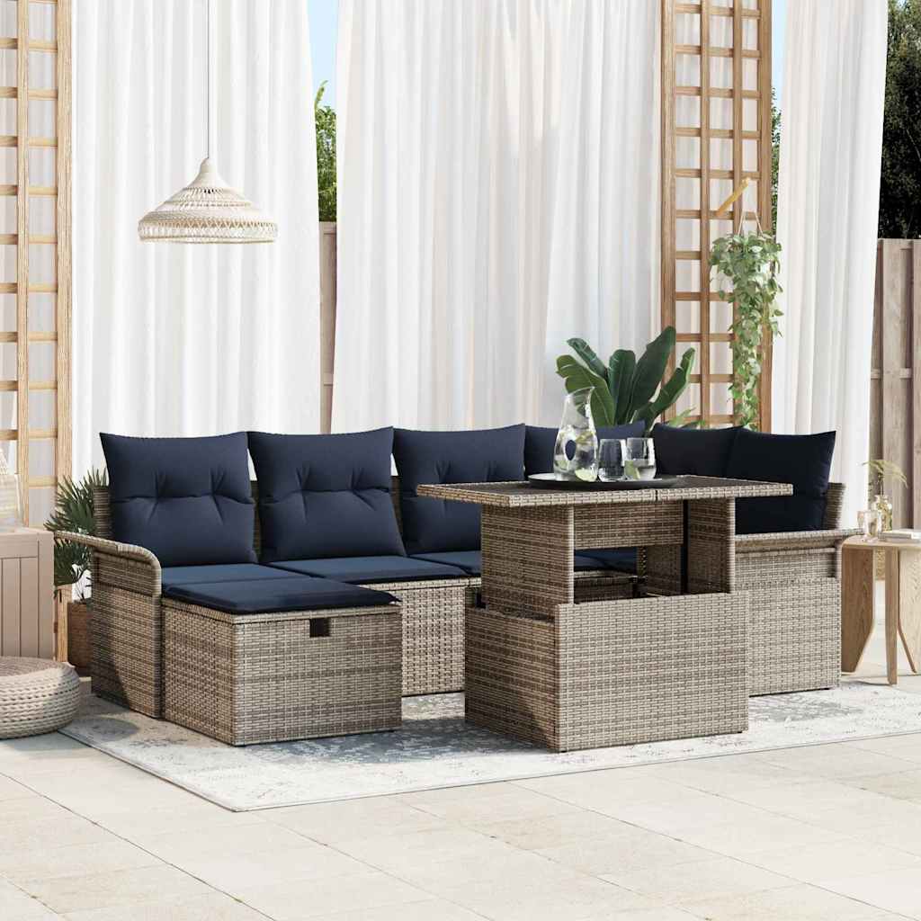 Garten-Sofa-Set mit Kissen mit Speicher 7 pcs Grau Poly Rattan
