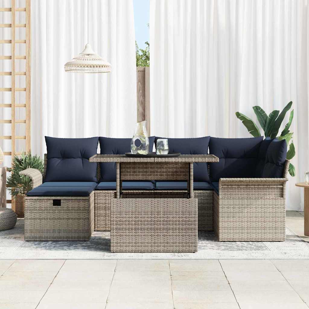 Garten-Sofa-Set mit Kissen mit Speicher 7 pcs Grau Poly Rattan