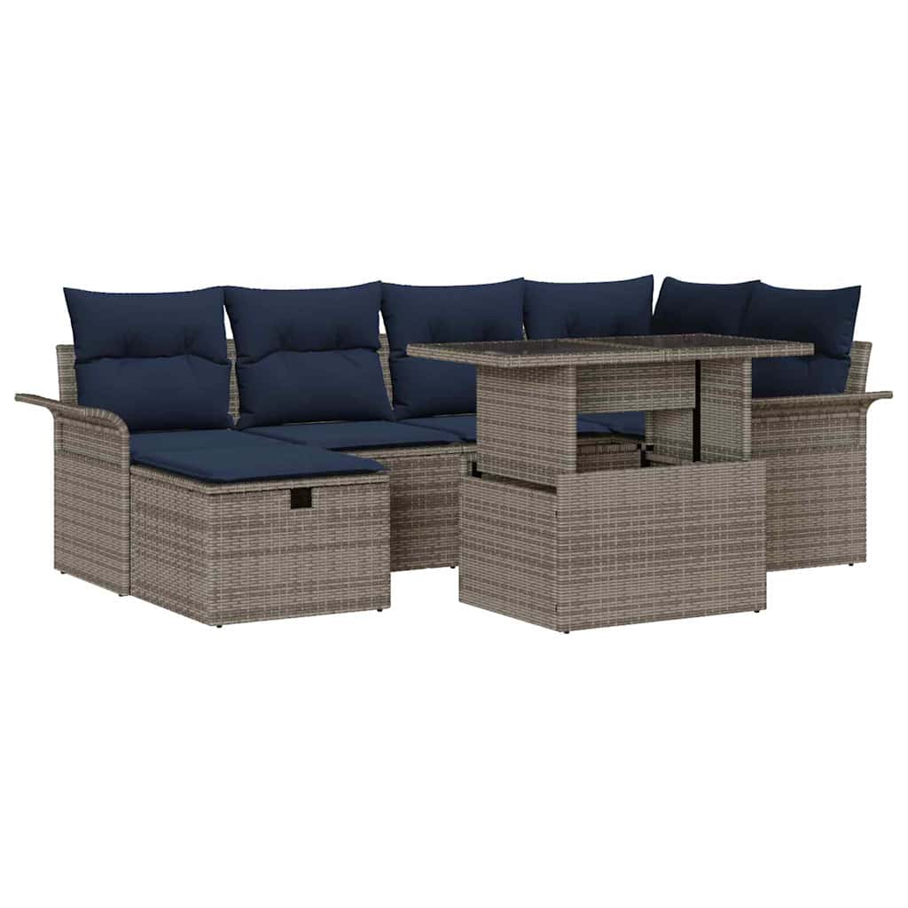 Garten-Sofa-Set mit Kissen mit Speicher 7 pcs Grau Poly Rattan