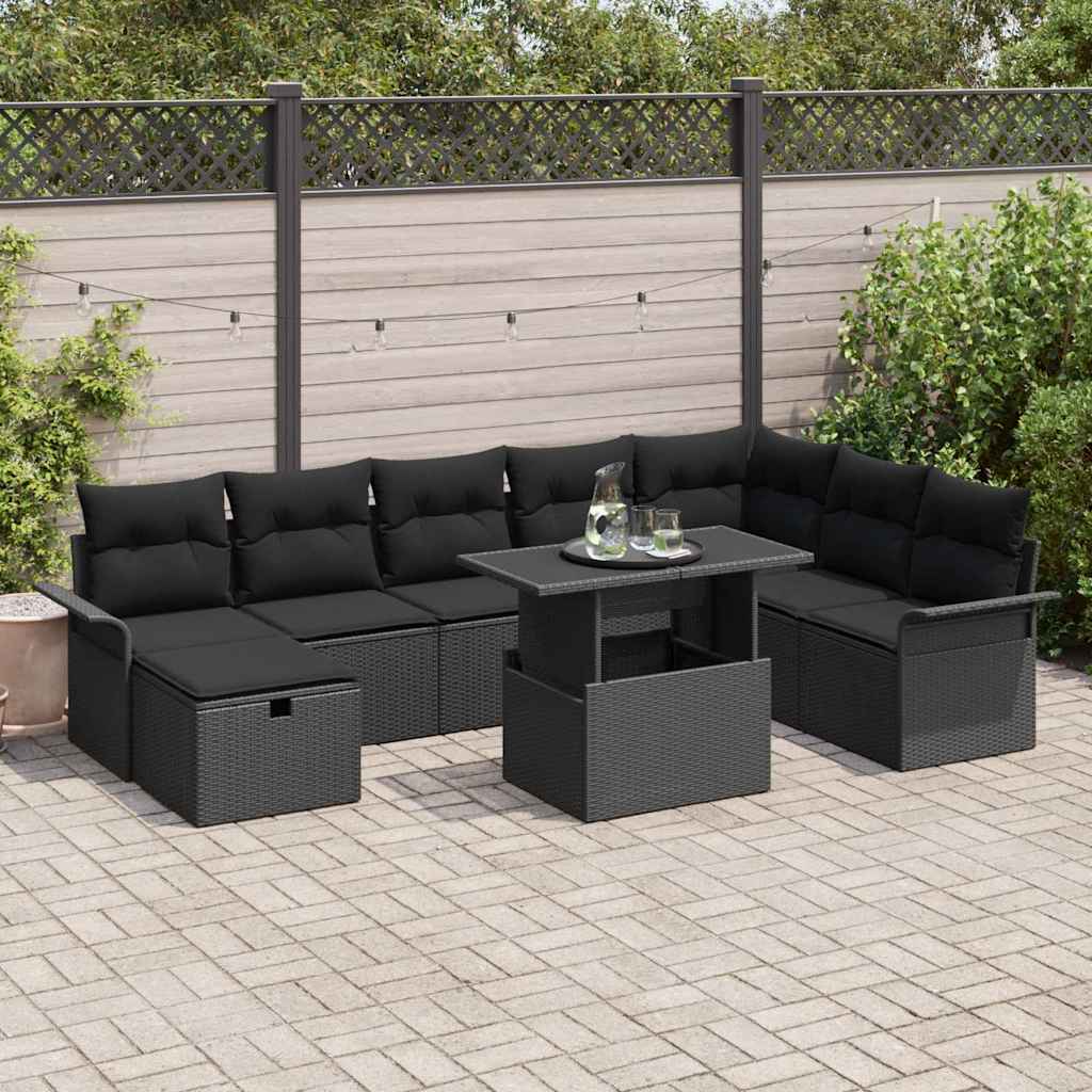 Garten-Sofa-Set mit Kissen 9 pcs Schwarz Poly Rattan