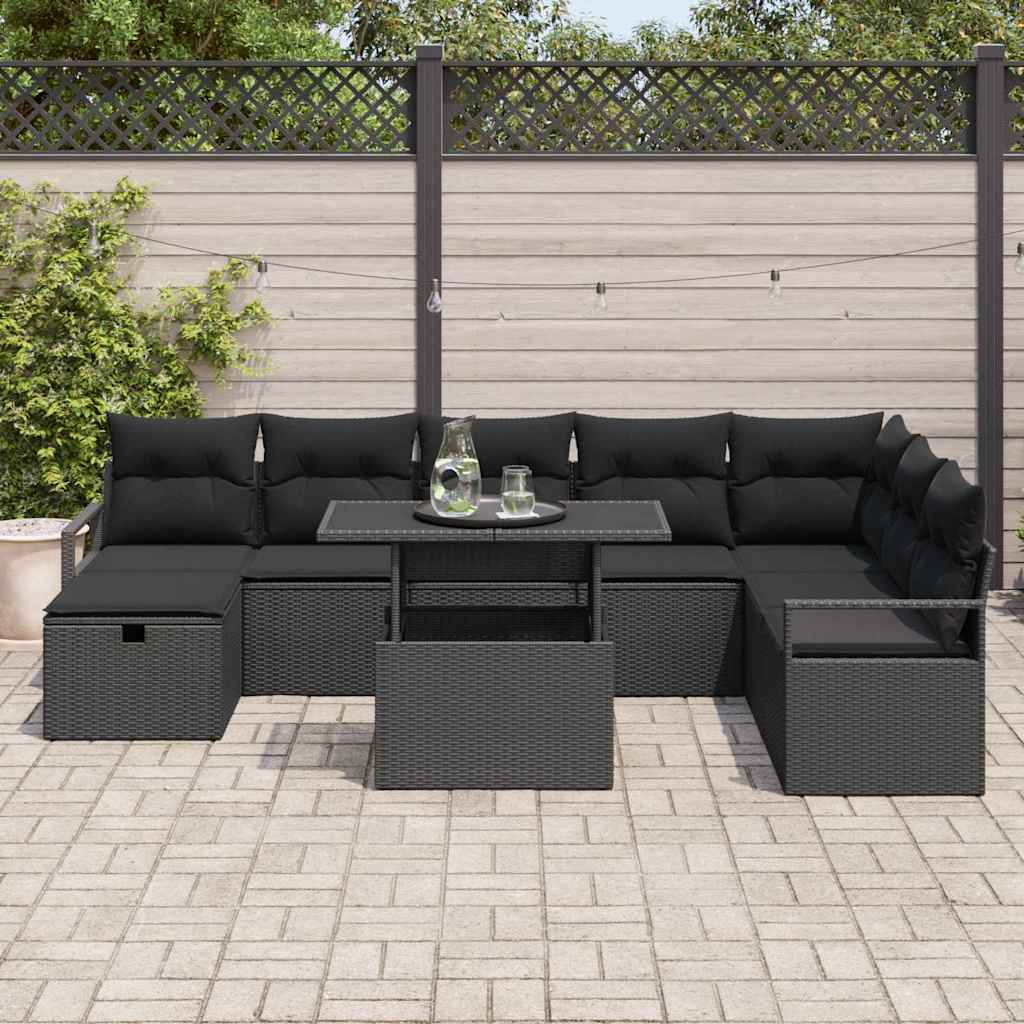 Garten-Sofa-Set mit Kissen 9 pcs Schwarz Poly Rattan