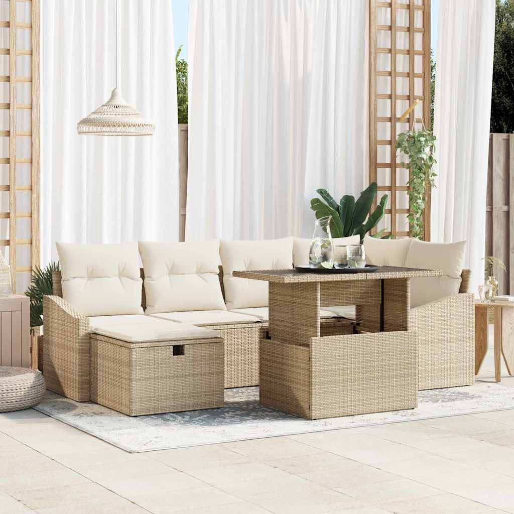Gartensofa-set mit Kissen 7 pcs Beige Poly-Rattan