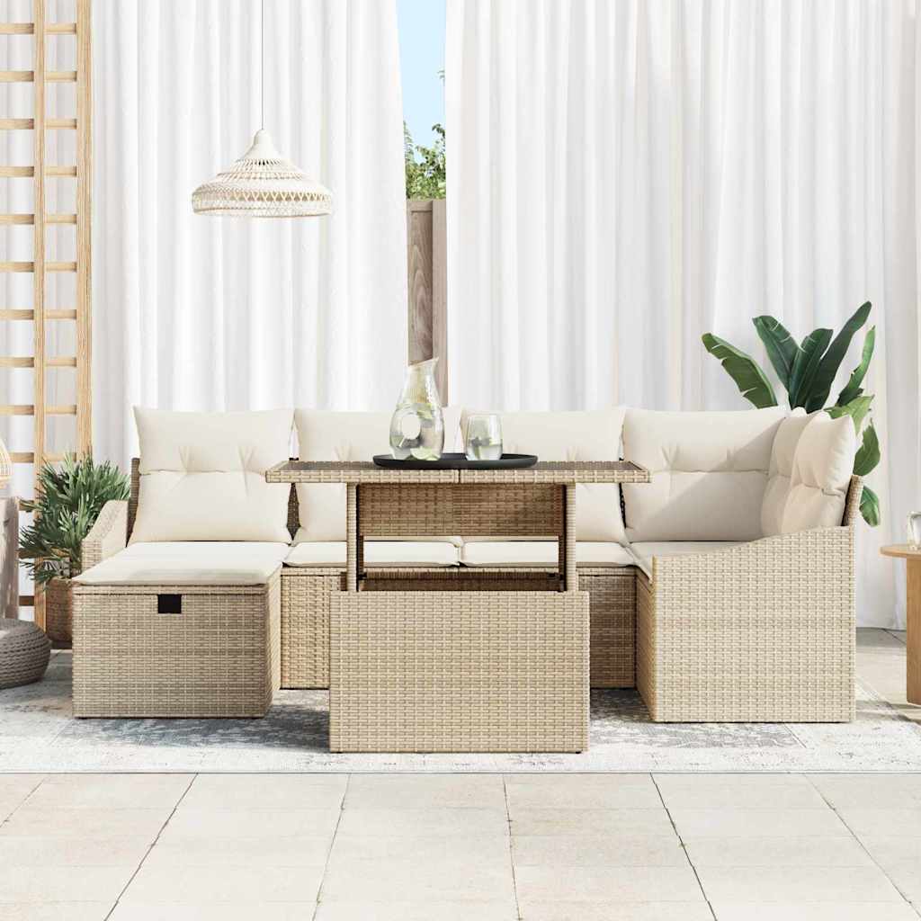 Gartensofa-set mit Kissen 7 pcs Beige Poly-Rattan