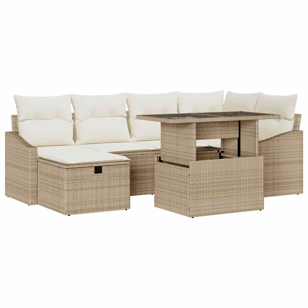 Gartensofa-set mit Kissen 7 pcs Beige Poly-Rattan