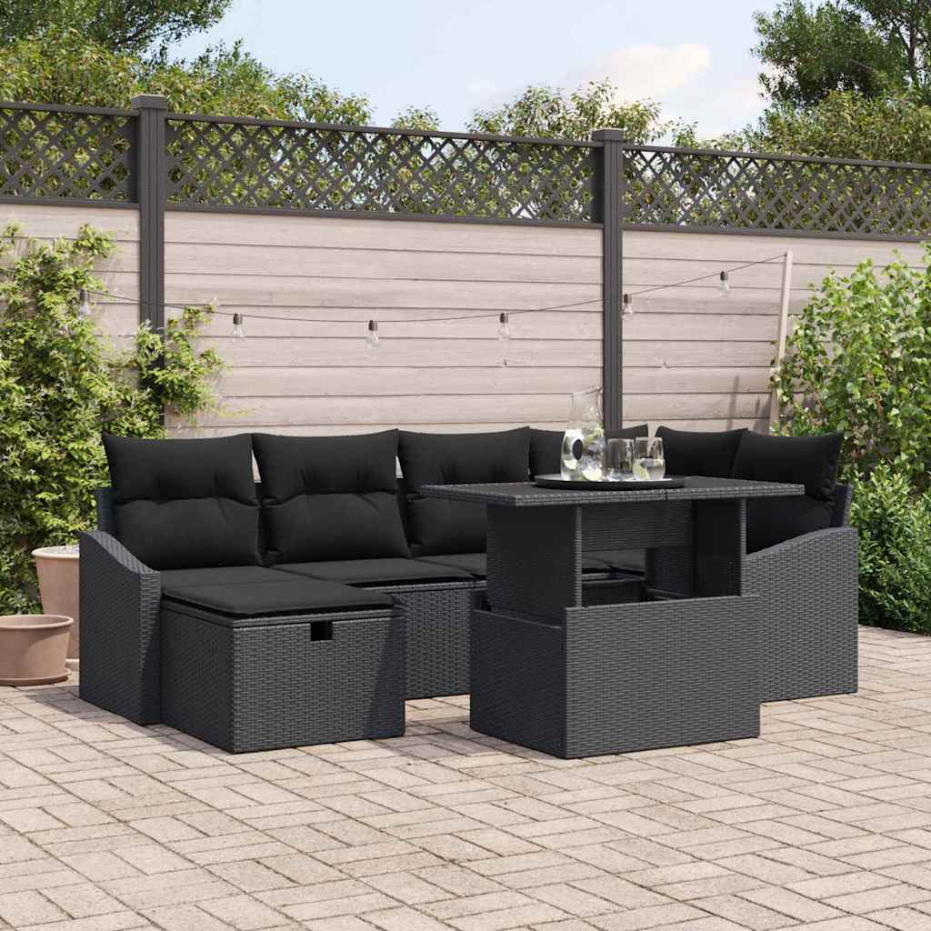 Gartensofa-set mit Kissen 7 pcs Schwarz Poly-Rattan