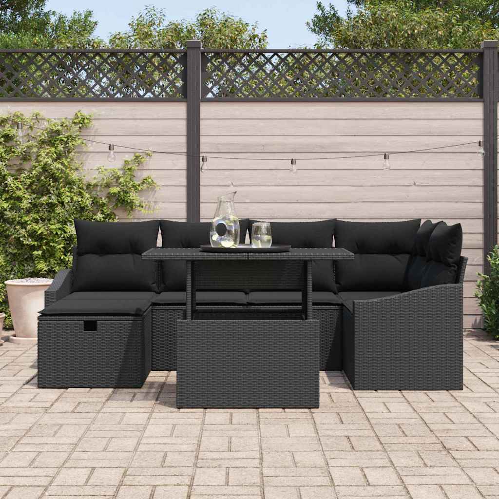 Gartensofa-set mit Kissen 7 pcs Schwarz Poly-Rattan