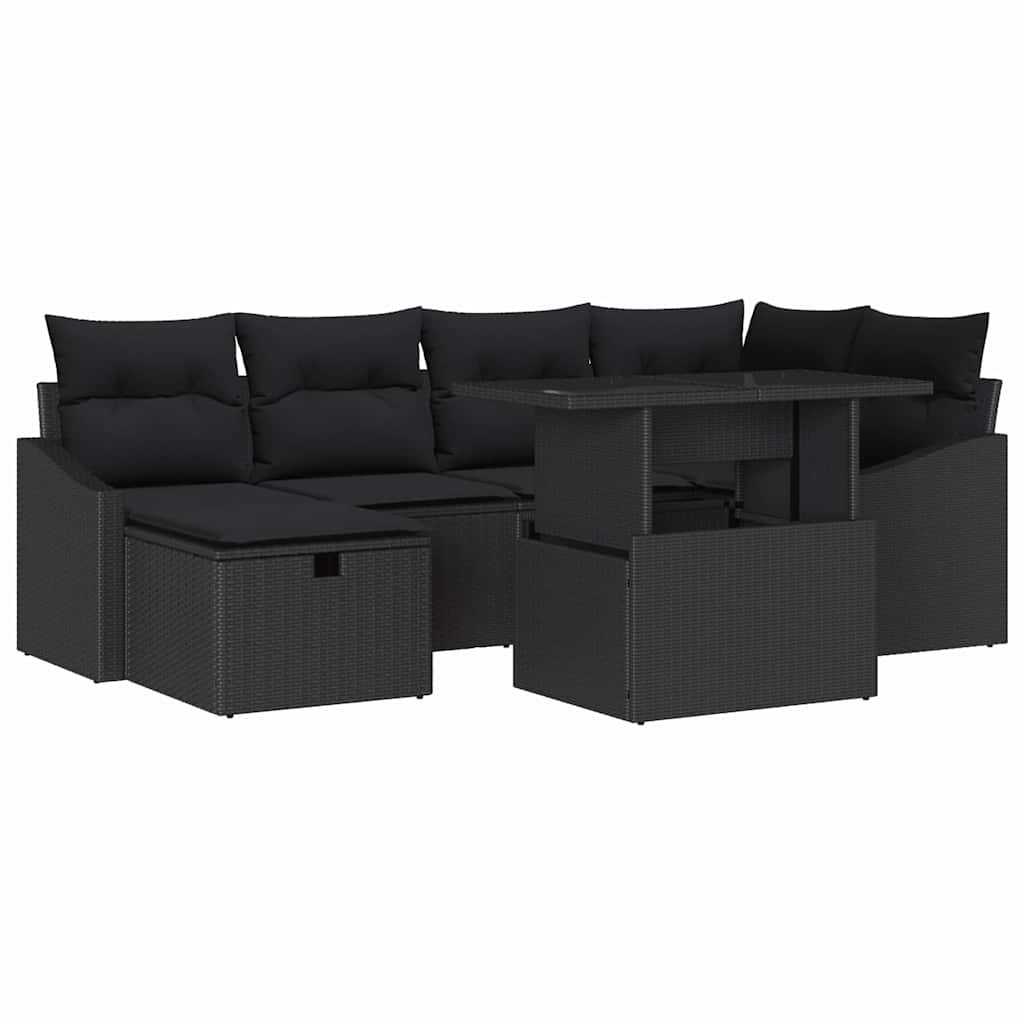 Gartensofa-set mit Kissen 7 pcs Schwarz Poly-Rattan
