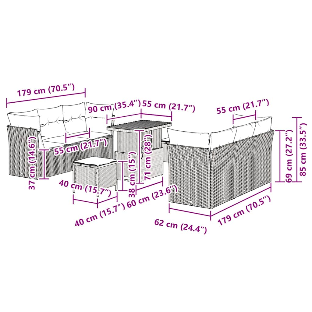 Gartensofa-set mit Kissen 9 pcs Schwarz Poly-Rattan