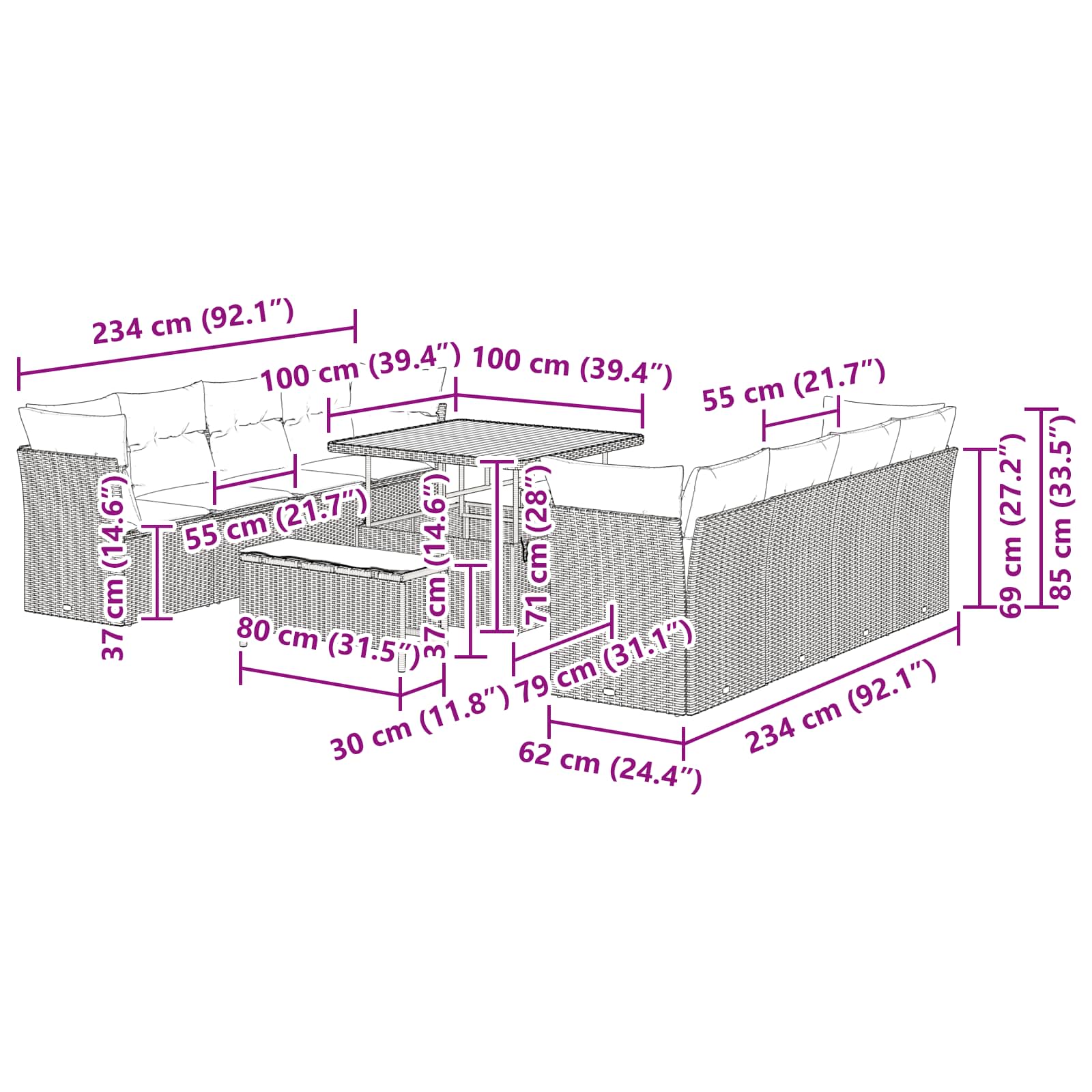 Gartensofa-set 11 pcs Schwarz Poly-Rattan