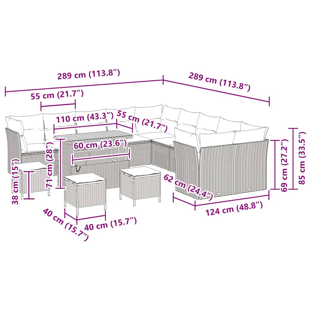 Gartensofa-set 14 pcs Grau Poly-Rattan
