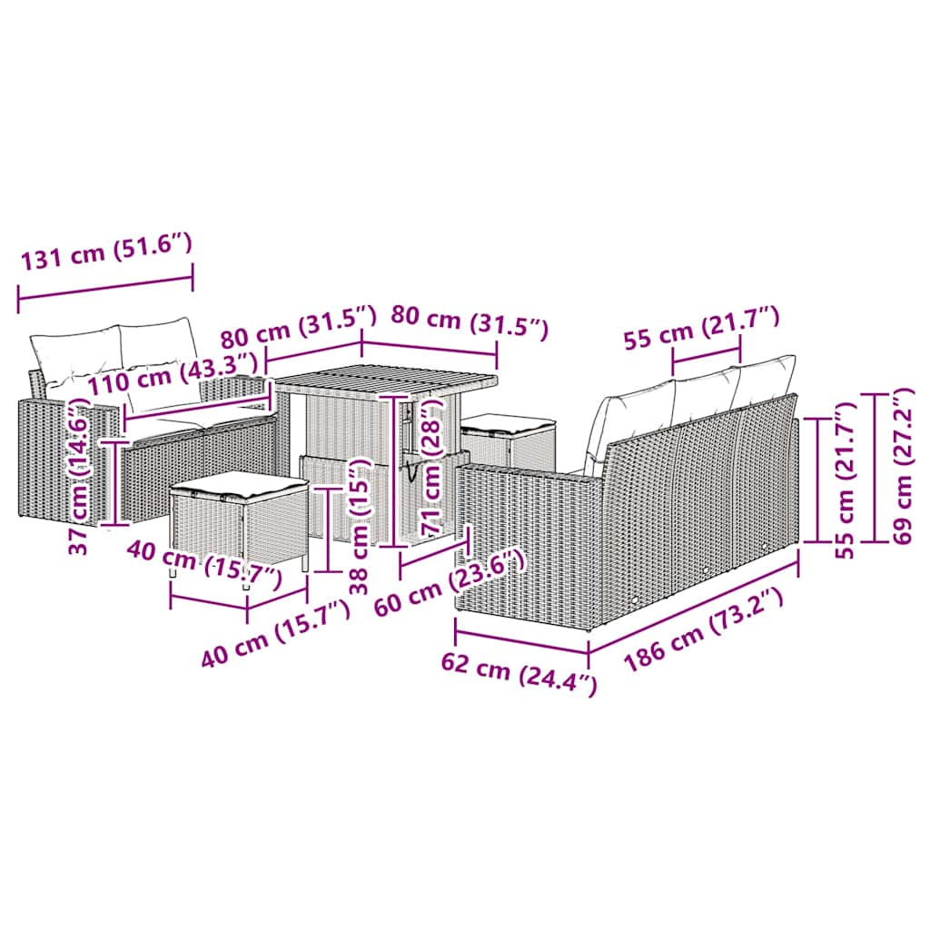 Gartensofa-set mit Kissen 8 pcs Schwarz Poly-Rattan