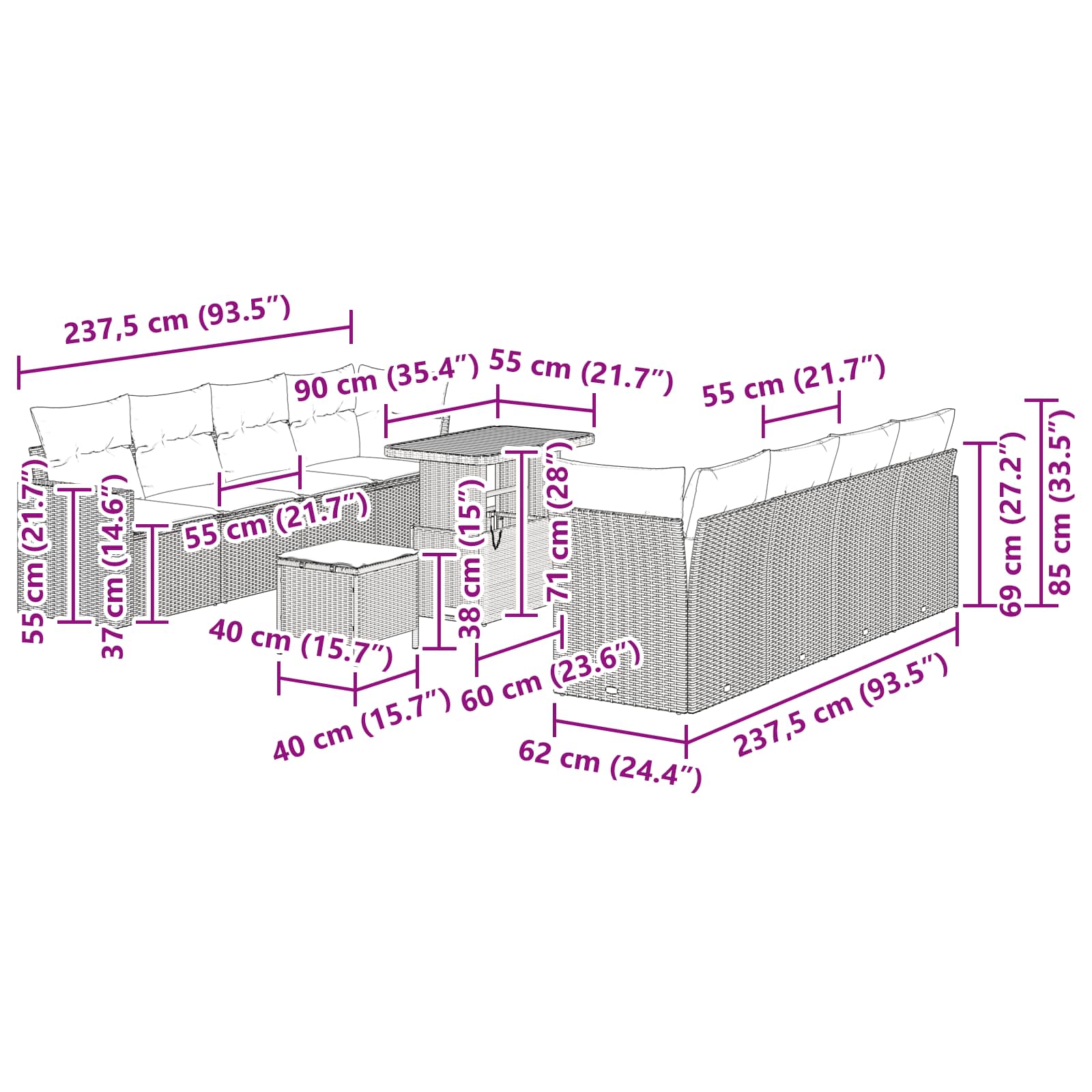 Gartensofa-set 11 pcs Schwarz Poly-Rattan