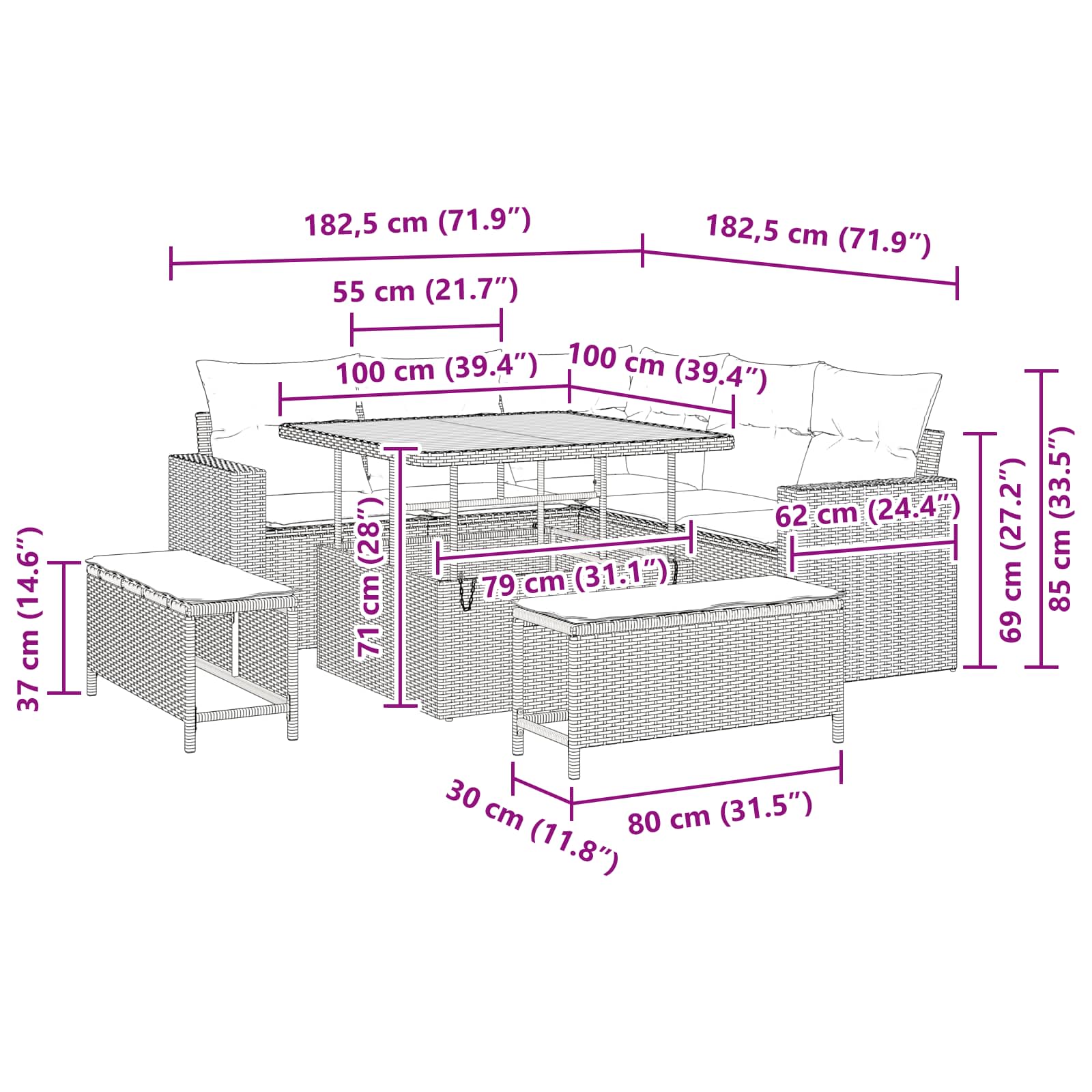 Gartensofa-set 8 pcs Schwarz Poly-Rattan